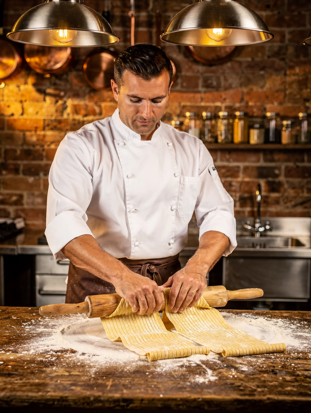 Chef preparing fresh handmade pasta in our kitchen