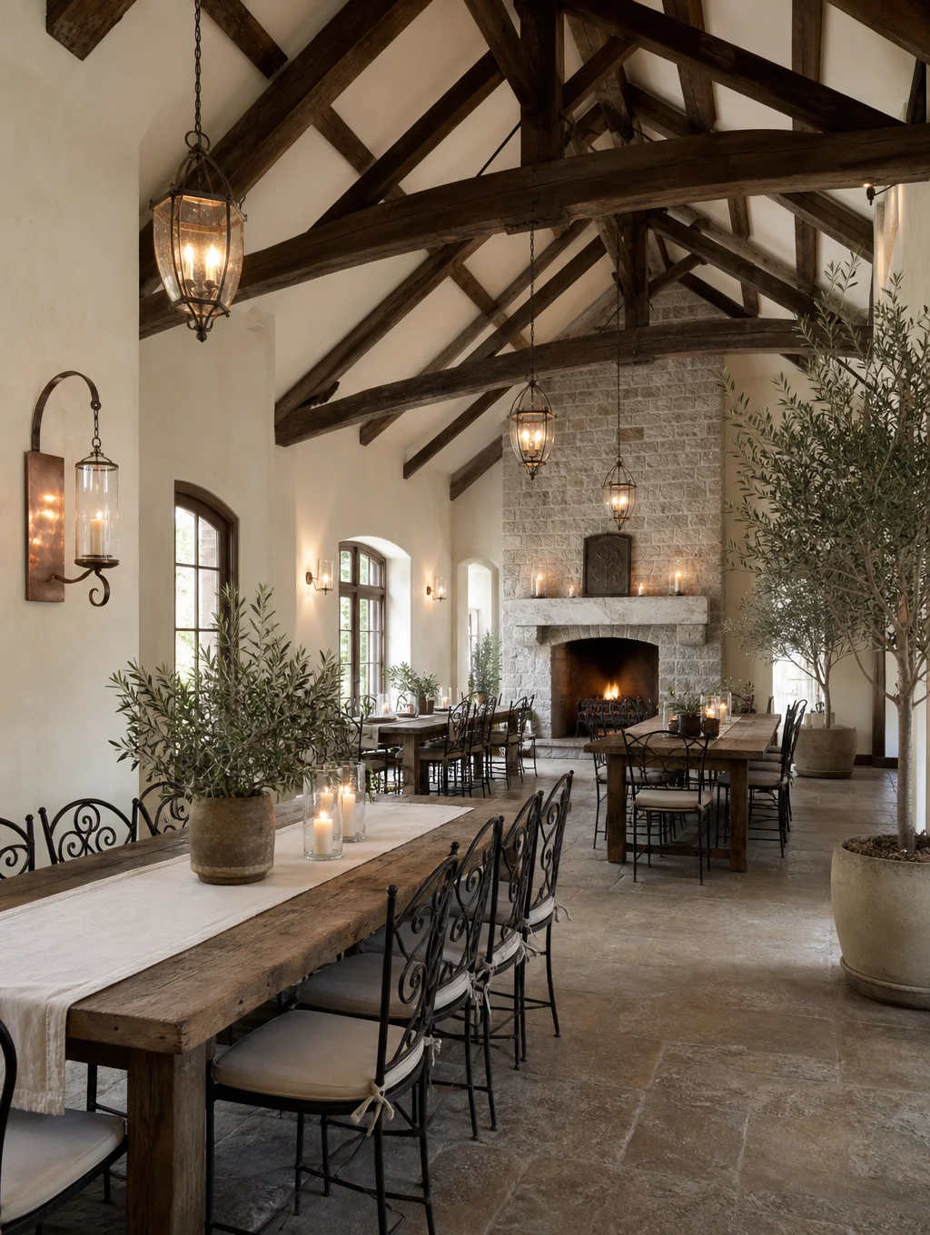 Intimate dining room with vaulted ceilings and warm lighting