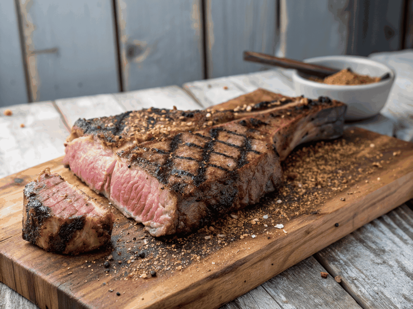 Grilled T-bone steak served on a rustic platter