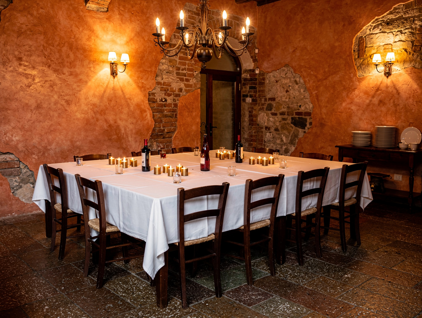 Cozy Italian restaurant dining room with warm lighting