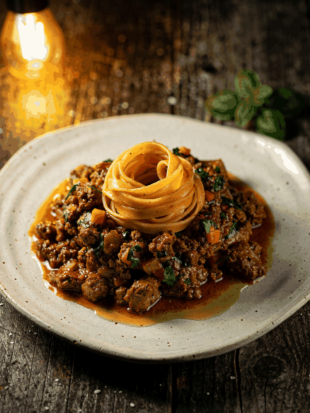 Freshly prepared tagliatelle pasta with rich ragu sauce
