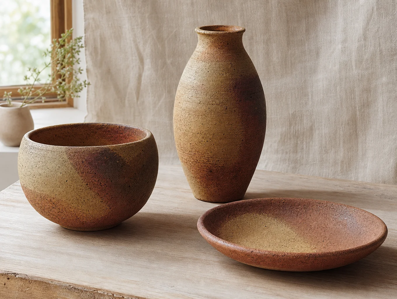 Handcrafted terracotta plates on a rustic wooden table