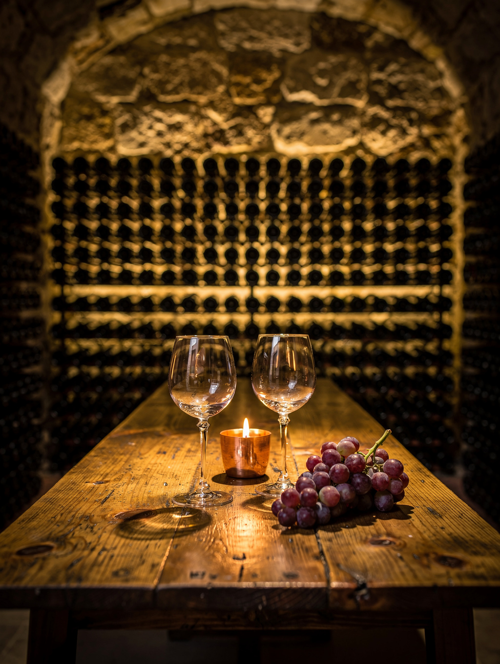 Private wine cellar dining area with stone walls