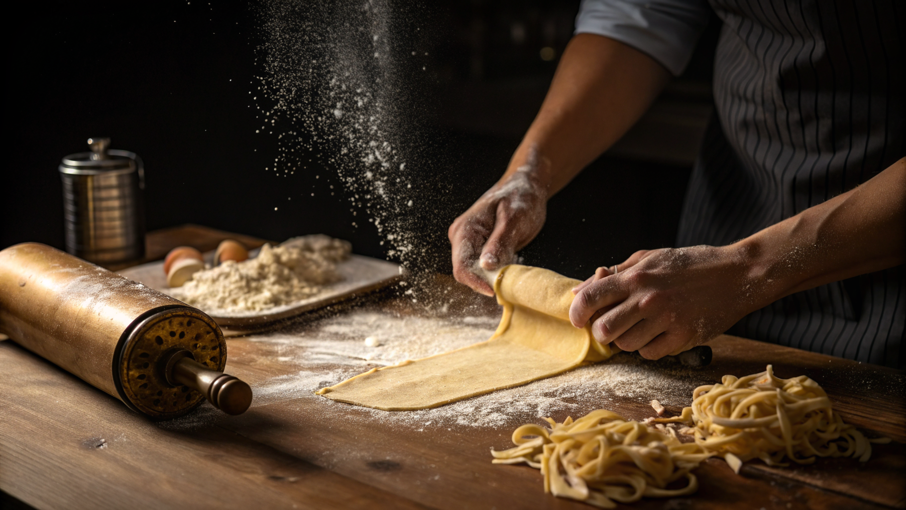 Artisanal pasta preparation in a modern Italian kitchen