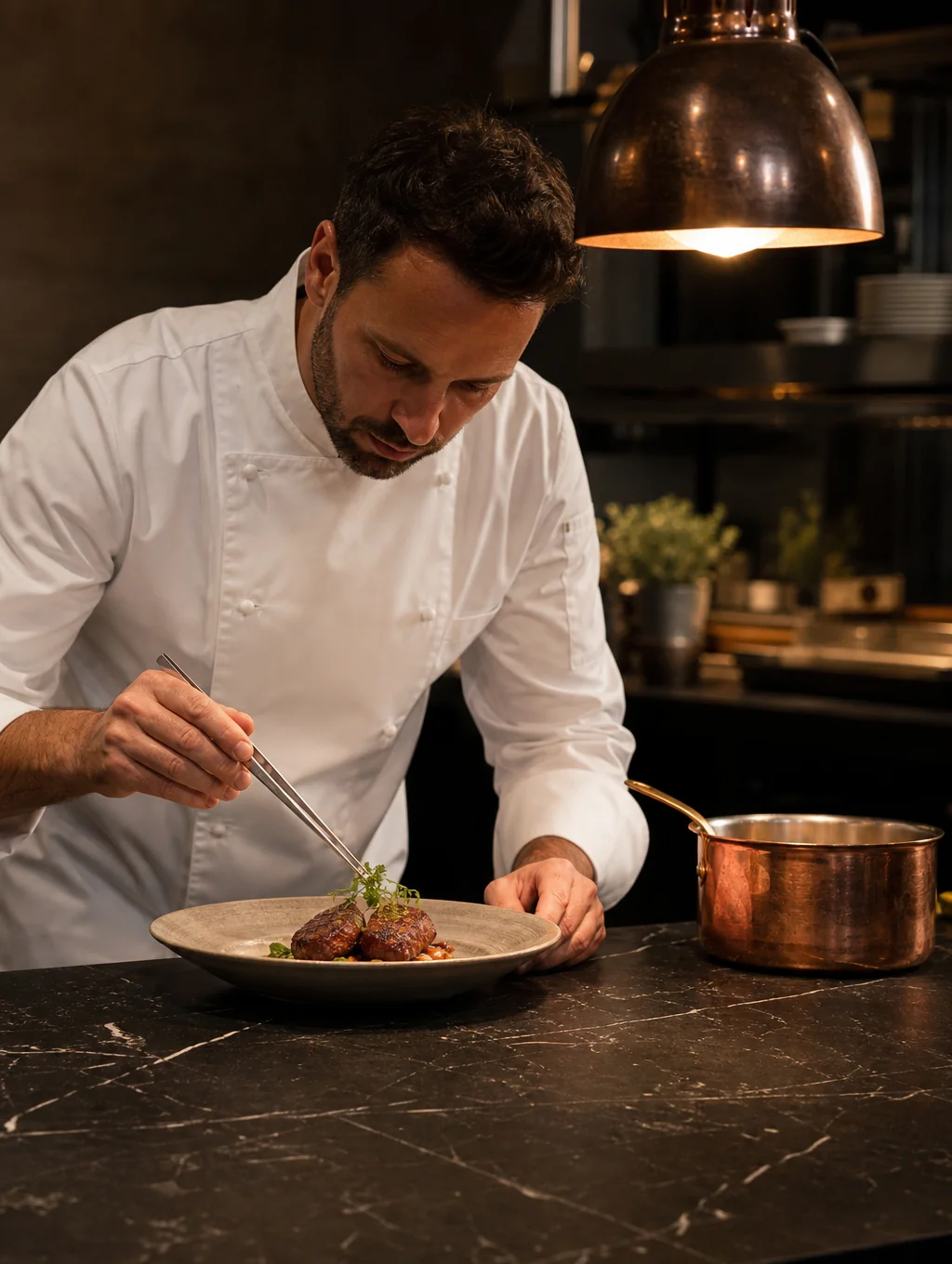 Chef plating a dish with precision in a professional kitchen