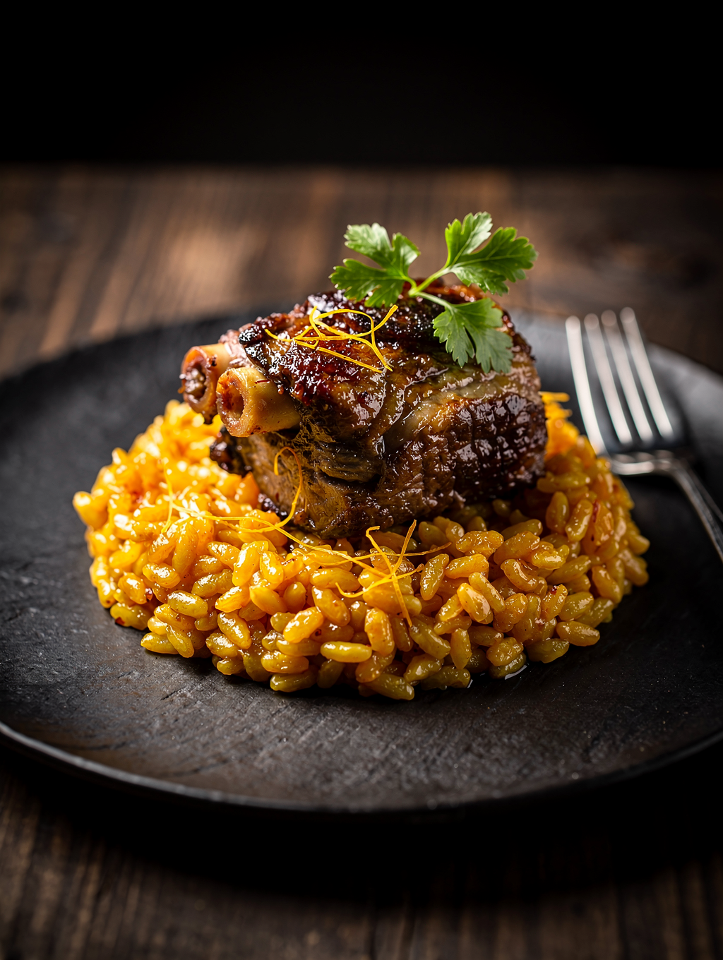 Slow-cooked veal shank with saffron risotto