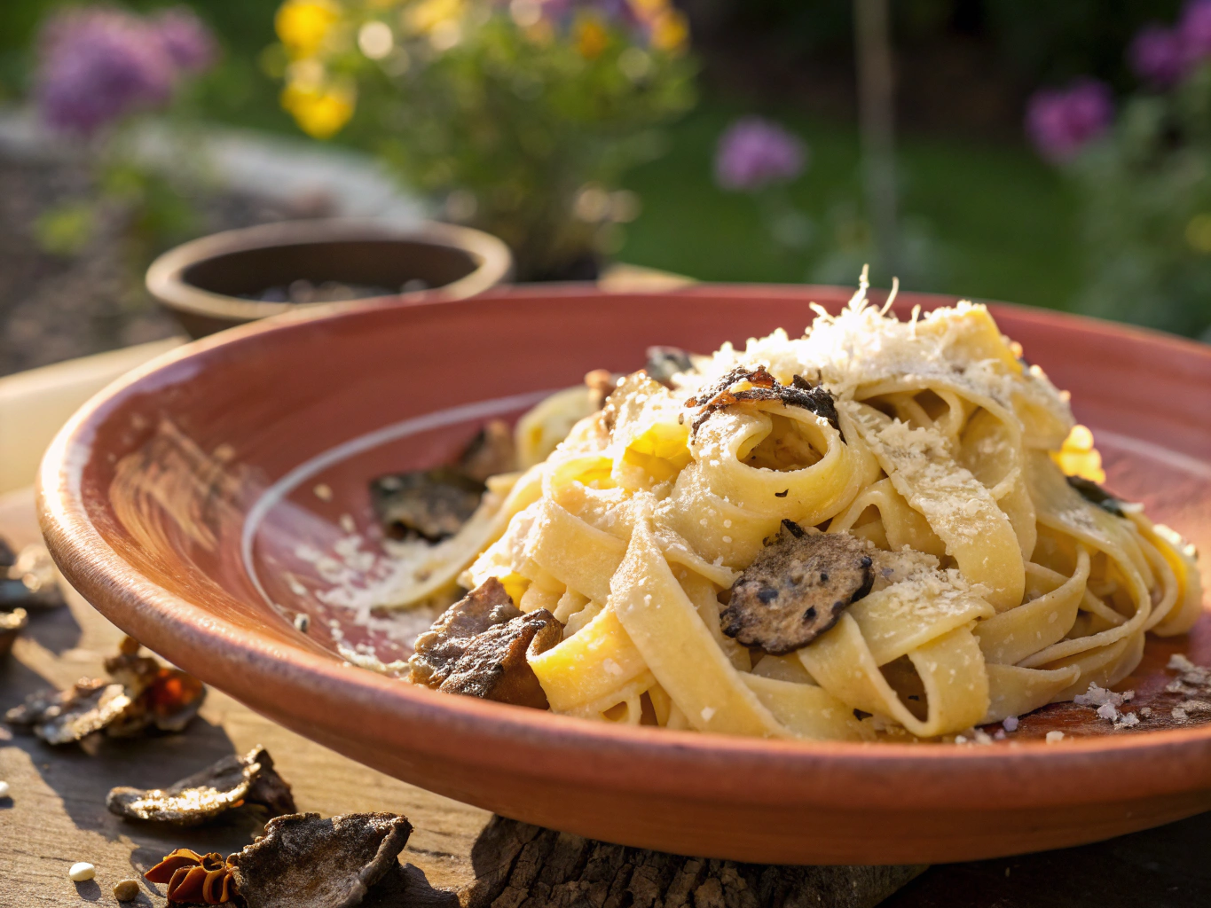 Fresh tagliatelle pasta with shaved black truffles